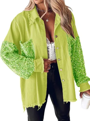 Women's Oversized Jacket Sequin Patchwork Long Sleeve Jacket Top Boyfriend Button Front Shirts Denim Jacket