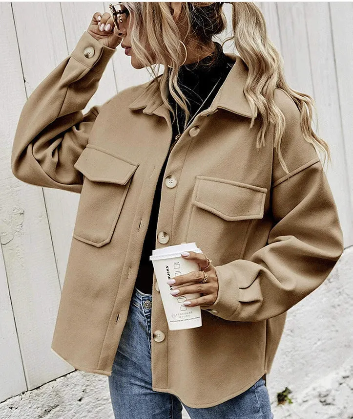 Womens Oversized Jacket  Wool Blend  Button Front  Boxy Fit  Flap Pockets
