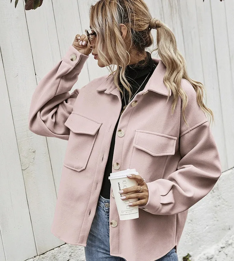 Womens Oversized Jacket  Wool Blend  Button Front  Boxy Fit  Flap Pockets