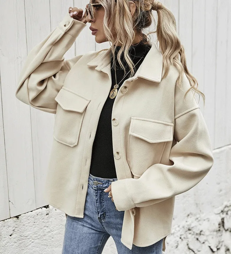 Womens Oversized Jacket  Wool Blend  Button Front  Boxy Fit  Flap Pockets