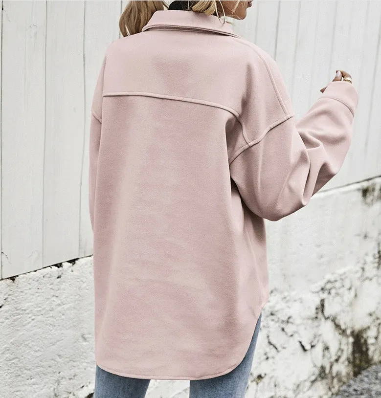 Womens Oversized Jacket  Wool Blend  Button Front  Boxy Fit  Flap Pockets