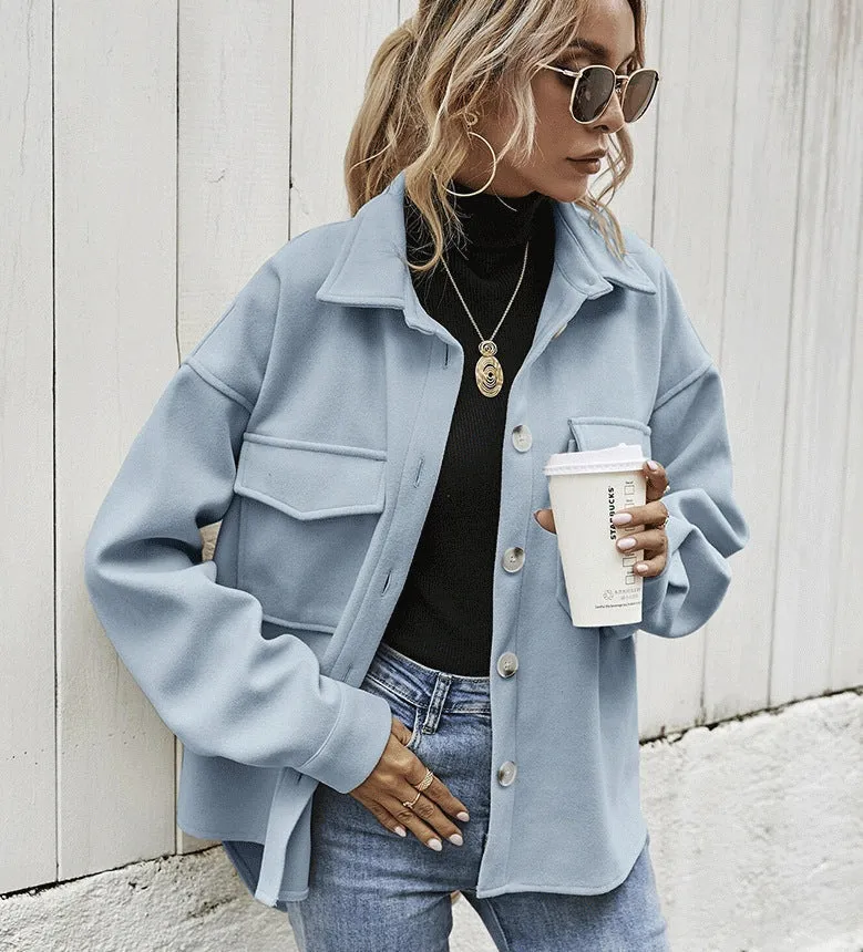 Womens Oversized Jacket  Wool Blend  Button Front  Boxy Fit  Flap Pockets