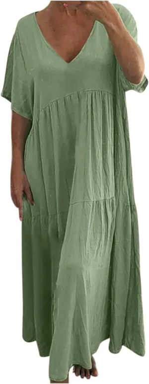 Womens Oversized Long Dress Flowy Cotton Linen Maxi Dresses Smocked Casual Floor Length Beach Dress Baggy Sundresses