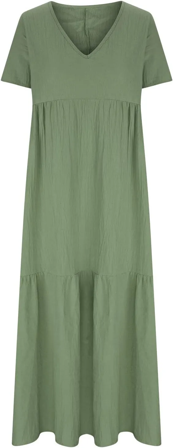 Womens Oversized Long Dress Flowy Cotton Linen Maxi Dresses Smocked Casual Floor Length Beach Dress Baggy Sundresses