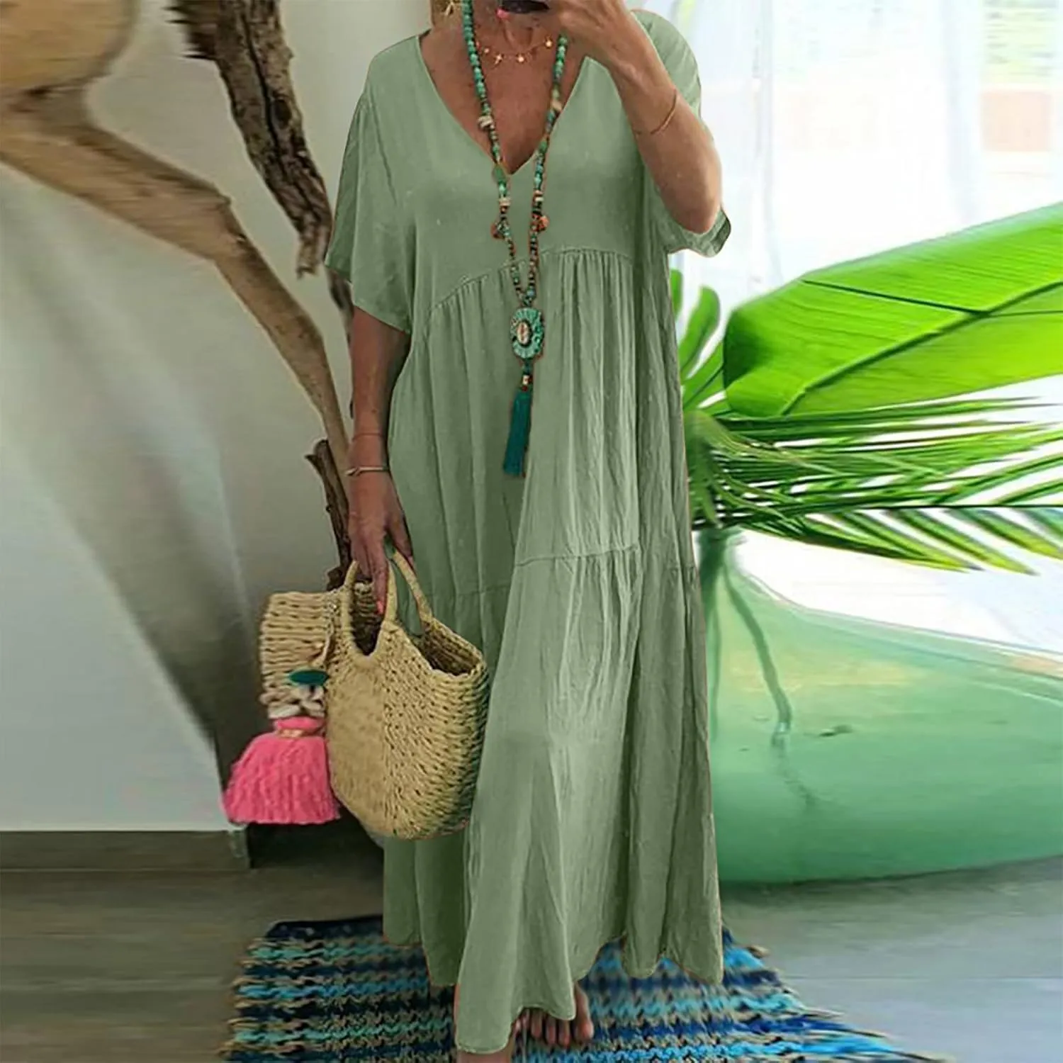 Womens Oversized Long Dress Flowy Cotton Linen Maxi Dresses Smocked Casual Floor Length Beach Dress Baggy Sundresses
