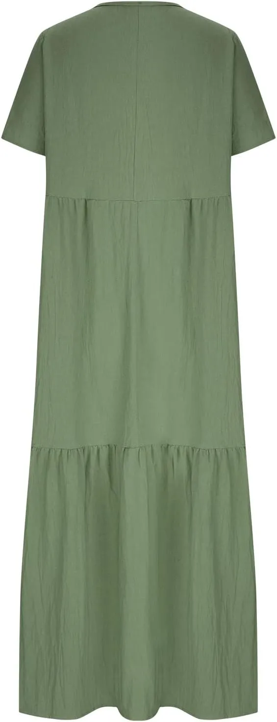 Womens Oversized Long Dress Flowy Cotton Linen Maxi Dresses Smocked Casual Floor Length Beach Dress Baggy Sundresses