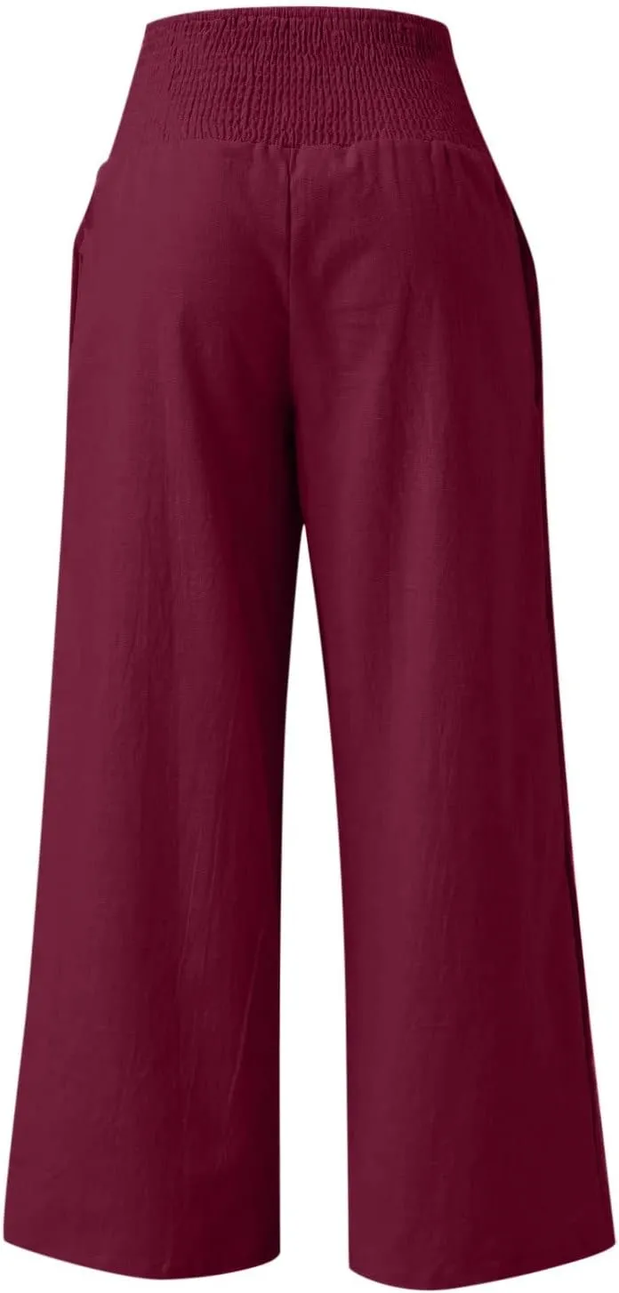 Womens Palazzo Pants Casual Smocked Elastic High Waist Wide Leg Trousers Summer Beach Pants Flowy Linen Lounge Pants