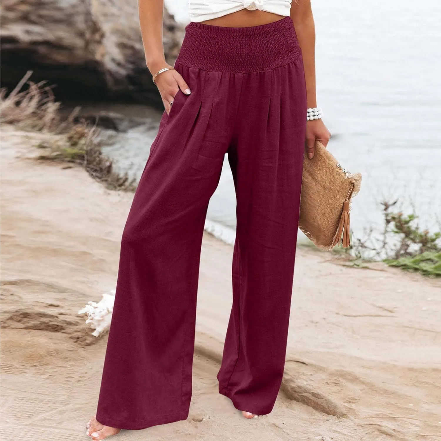 Womens Palazzo Pants Casual Smocked Elastic High Waist Wide Leg Trousers Summer Beach Pants Flowy Linen Lounge Pants