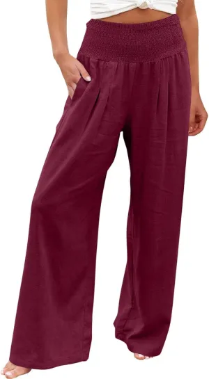 Womens Palazzo Pants Casual Smocked Elastic High Waist Wide Leg Trousers Summer Beach Pants Flowy Linen Lounge Pants