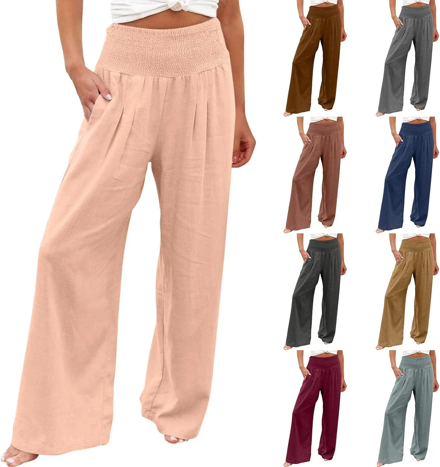 Womens Palazzo Pants Casual Smocked Elastic High Waist Wide Leg Trousers Summer Beach Pants Flowy Linen Lounge Pants