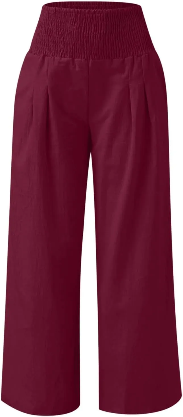 Womens Palazzo Pants Casual Smocked Elastic High Waist Wide Leg Trousers Summer Beach Pants Flowy Linen Lounge Pants