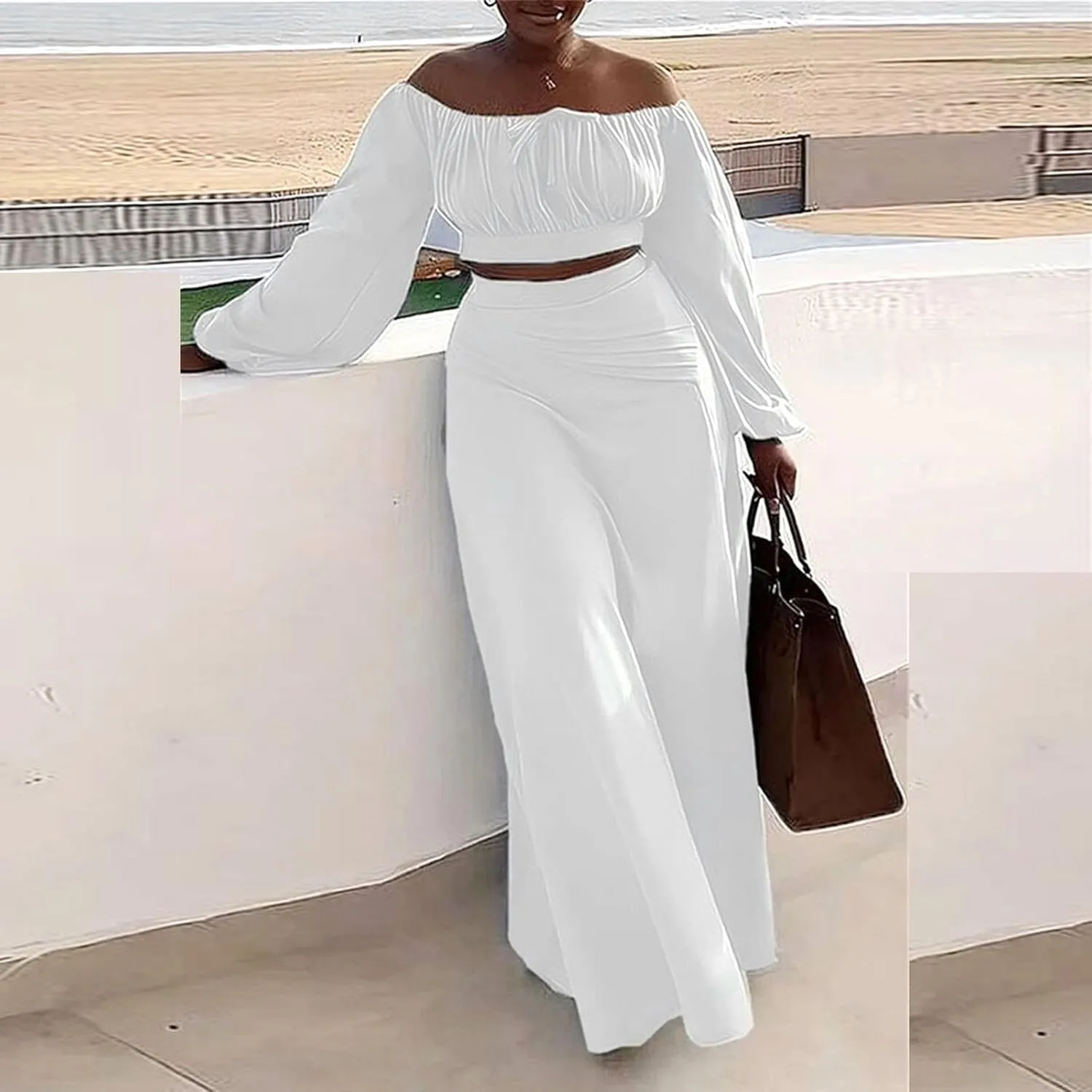 Women's Plus Size Basic Off Shoulder Suit Tube Top Sexy Strapless Side Slit Long Sleeve Two Piece Midi Club Dress