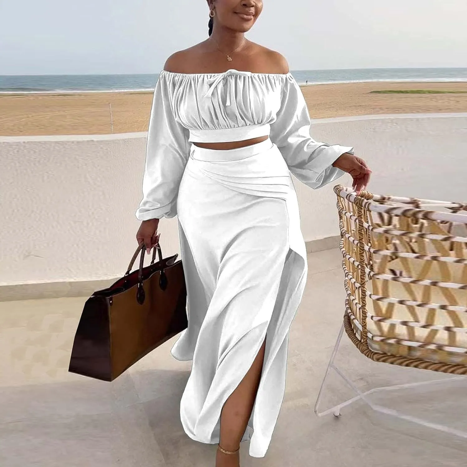 Women's Plus Size Basic Off Shoulder Suit Tube Top Sexy Strapless Side Slit Long Sleeve Two Piece Midi Club Dress