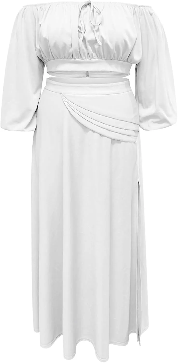 Women's Plus Size Basic Off Shoulder Suit Tube Top Sexy Strapless Side Slit Long Sleeve Two Piece Midi Club Dress