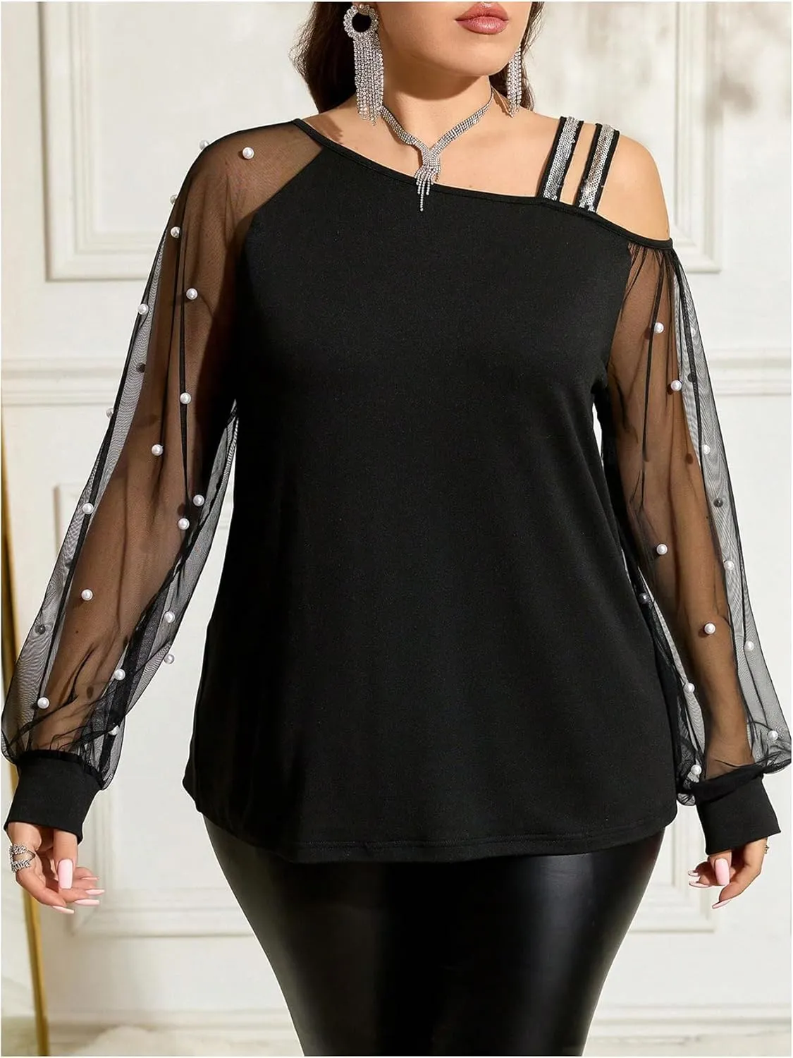 Women's Plus Size Faux Pearl Asymmetrical Neck Long Sleeve T-Shirt Sheer Mesh Tee Tops