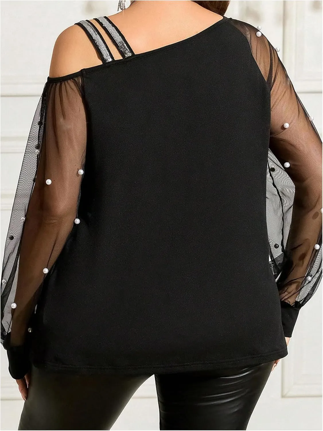 Women's Plus Size Faux Pearl Asymmetrical Neck Long Sleeve T-Shirt Sheer Mesh Tee Tops