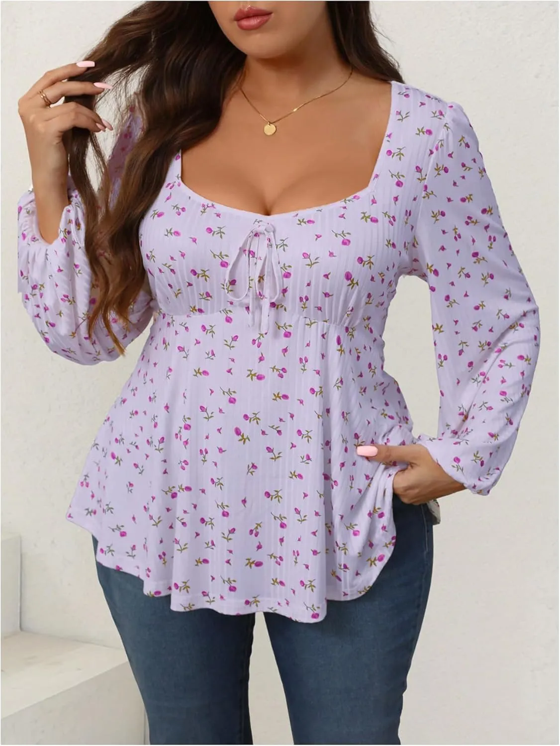 Women's Plus Size Floral Print Bow Tie T Shirt Square Neck Long Sleeve Peplum Tee Tops