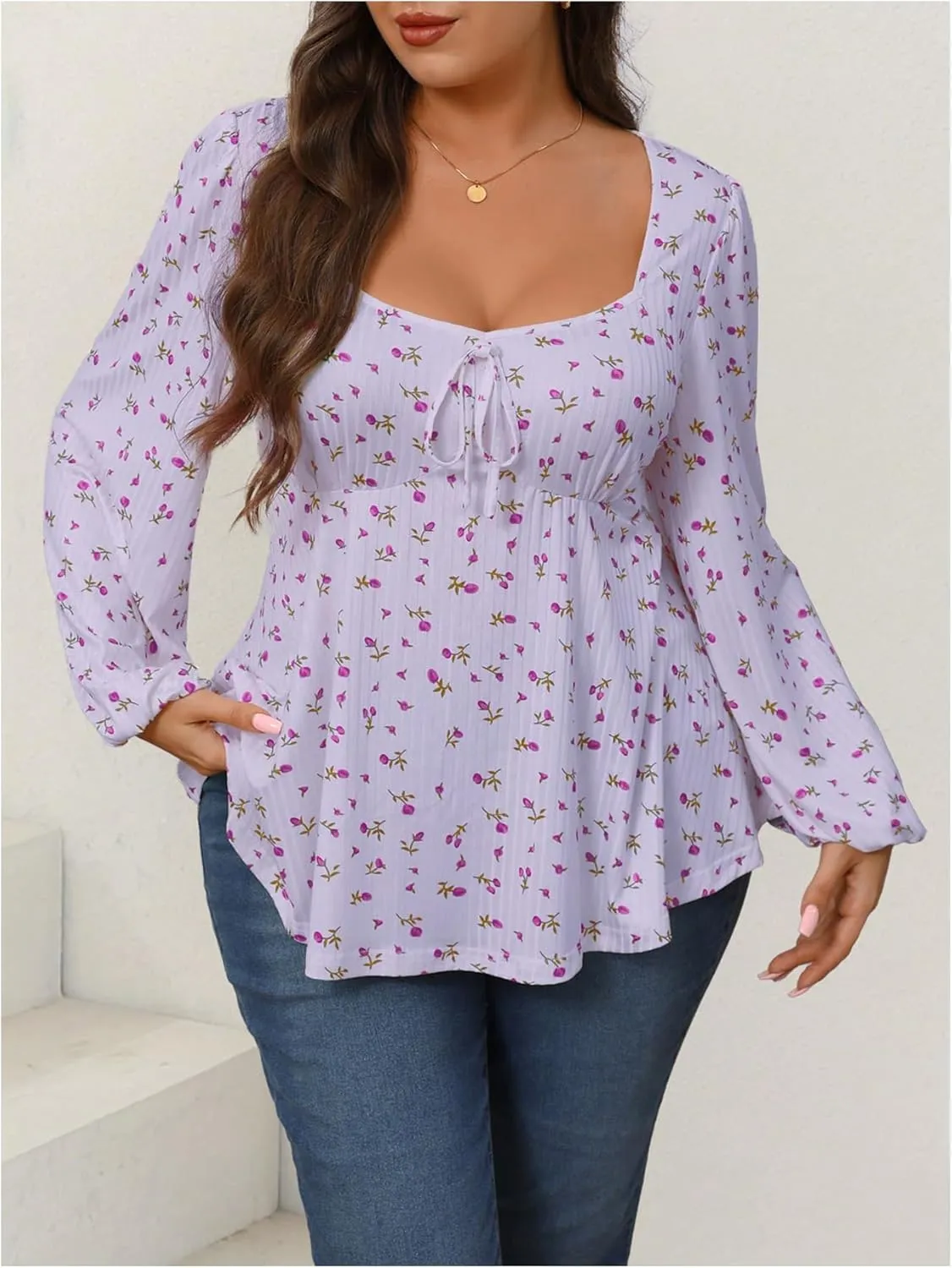 Women's Plus Size Floral Print Bow Tie T Shirt Square Neck Long Sleeve Peplum Tee Tops