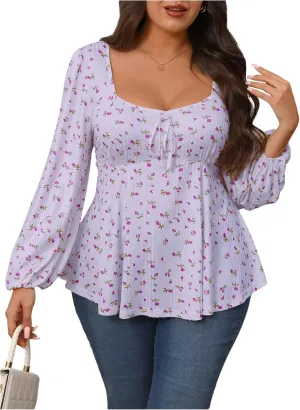 Women's Plus Size Floral Print Bow Tie T Shirt Square Neck Long Sleeve Peplum Tee Tops
