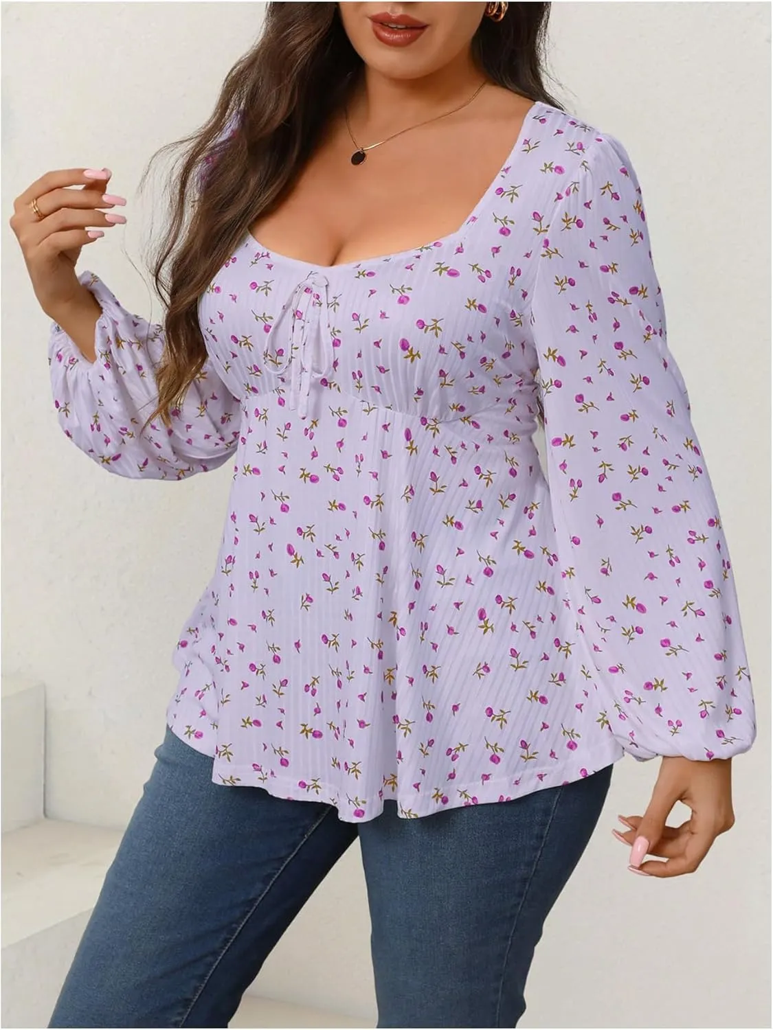 Women's Plus Size Floral Print Bow Tie T Shirt Square Neck Long Sleeve Peplum Tee Tops