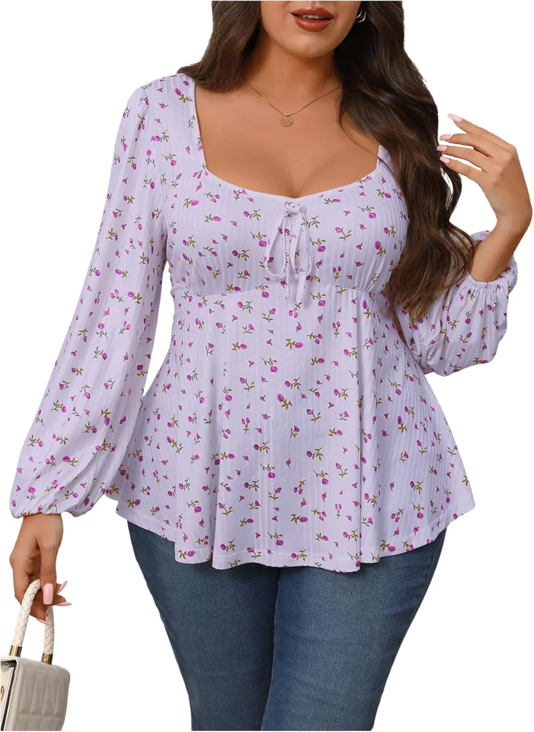Women's Plus Size Floral Print Bow Tie T Shirt Square Neck Long Sleeve Peplum Tee Tops