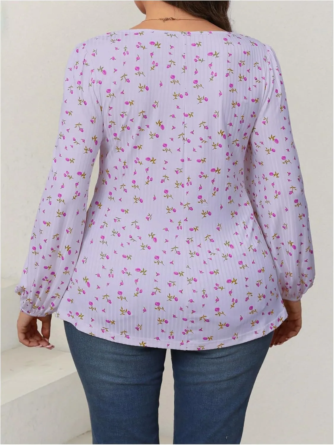 Women's Plus Size Floral Print Bow Tie T Shirt Square Neck Long Sleeve Peplum Tee Tops