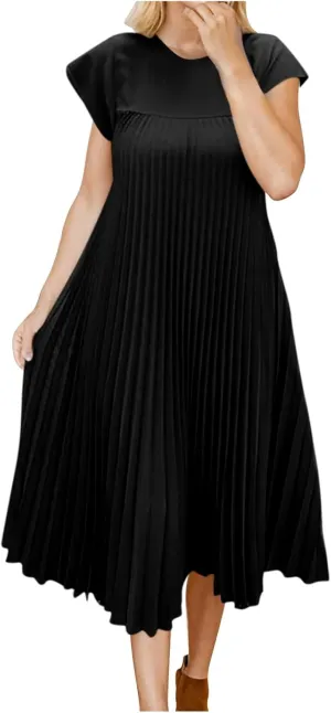 Women's Plus Size Ruched Casual Midi Dress, Summer Short Sleeve Crewneck Vacation Clothes Loose Fit Breathable Dresses
