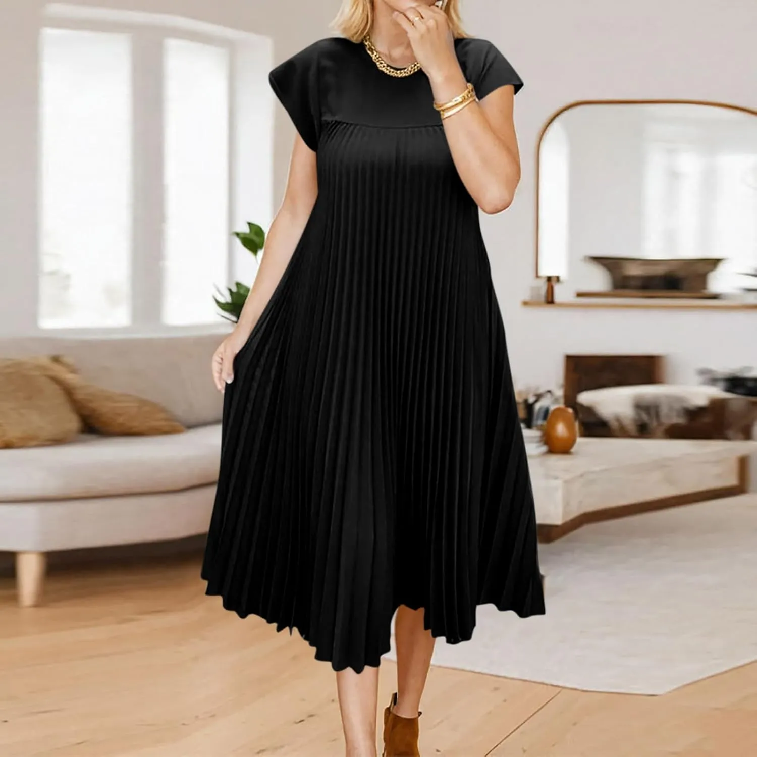 Women's Plus Size Ruched Casual Midi Dress, Summer Short Sleeve Crewneck Vacation Clothes Loose Fit Breathable Dresses