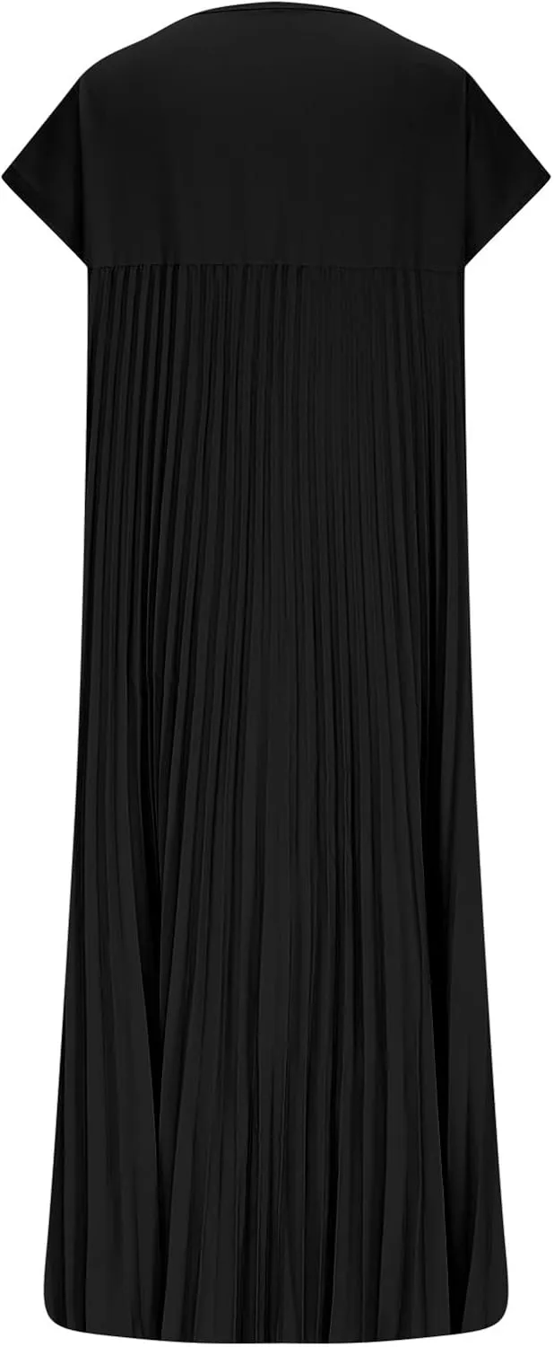 Women's Plus Size Ruched Casual Midi Dress, Summer Short Sleeve Crewneck Vacation Clothes Loose Fit Breathable Dresses