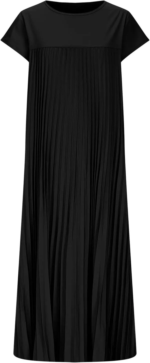 Women's Plus Size Ruched Casual Midi Dress, Summer Short Sleeve Crewneck Vacation Clothes Loose Fit Breathable Dresses