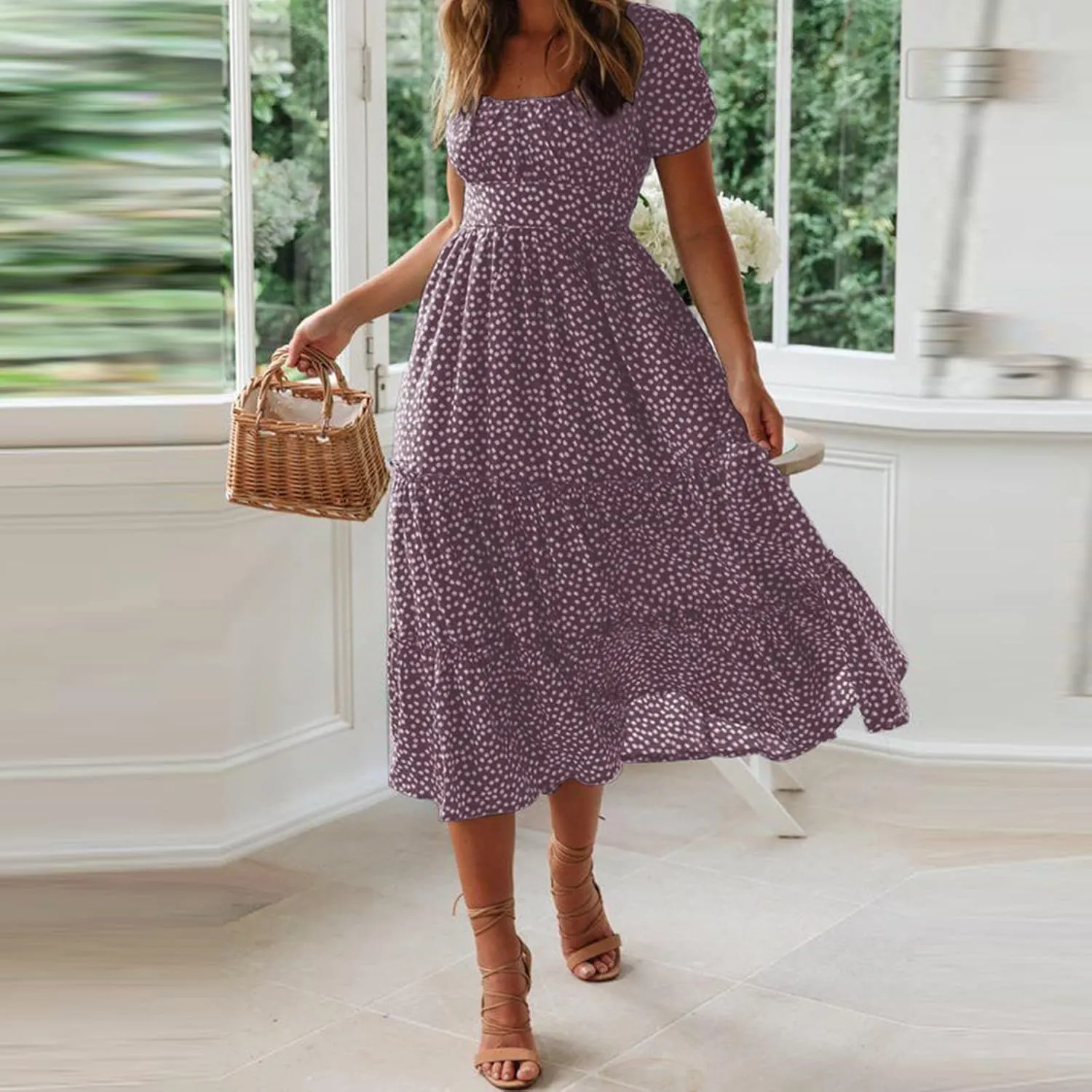 Womens Polka Dot Summer Maxi Dresses Square Neck Boho Tiered Flowy Long Dress Trendy Smocked Ruffle Hem A-Line Dresses