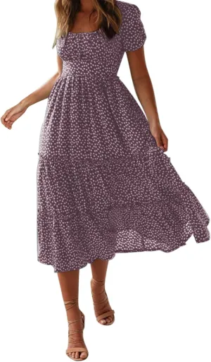 Womens Polka Dot Summer Maxi Dresses Square Neck Boho Tiered Flowy Long Dress Trendy Smocked Ruffle Hem A-Line Dresses