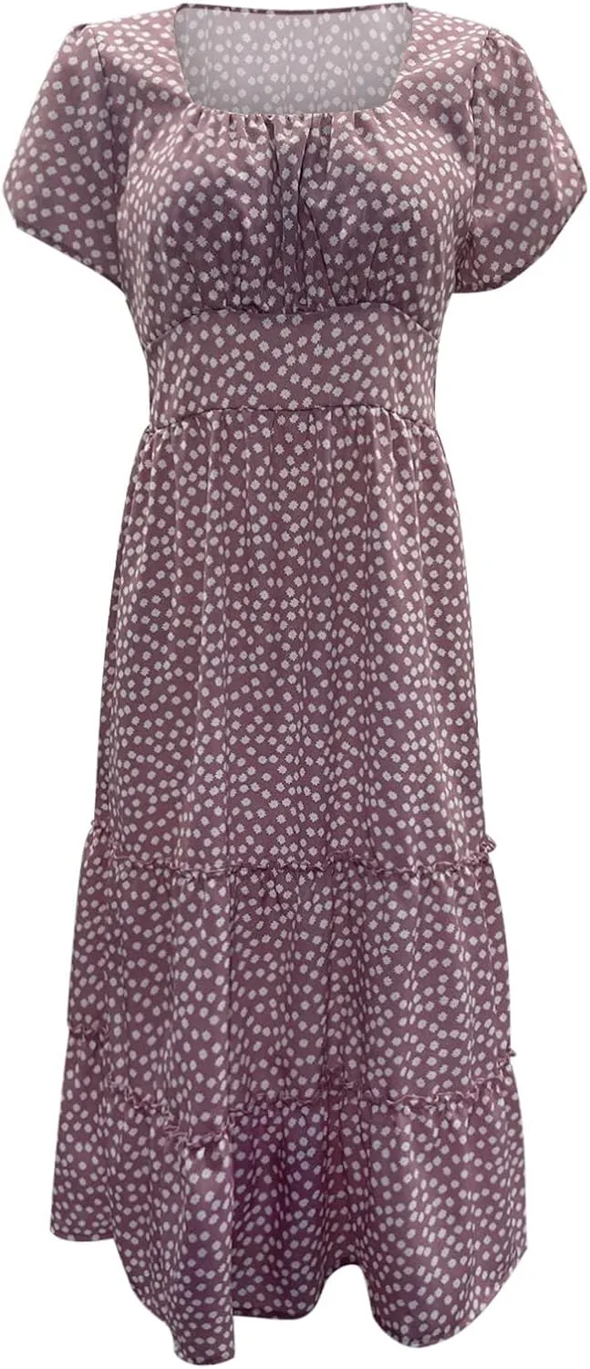Womens Polka Dot Summer Maxi Dresses Square Neck Boho Tiered Flowy Long Dress Trendy Smocked Ruffle Hem A-Line Dresses