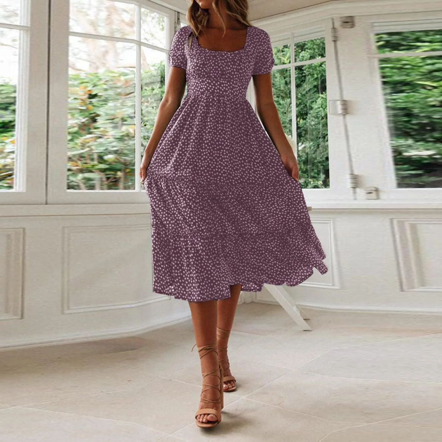Womens Polka Dot Summer Maxi Dresses Square Neck Boho Tiered Flowy Long Dress Trendy Smocked Ruffle Hem A-Line Dresses
