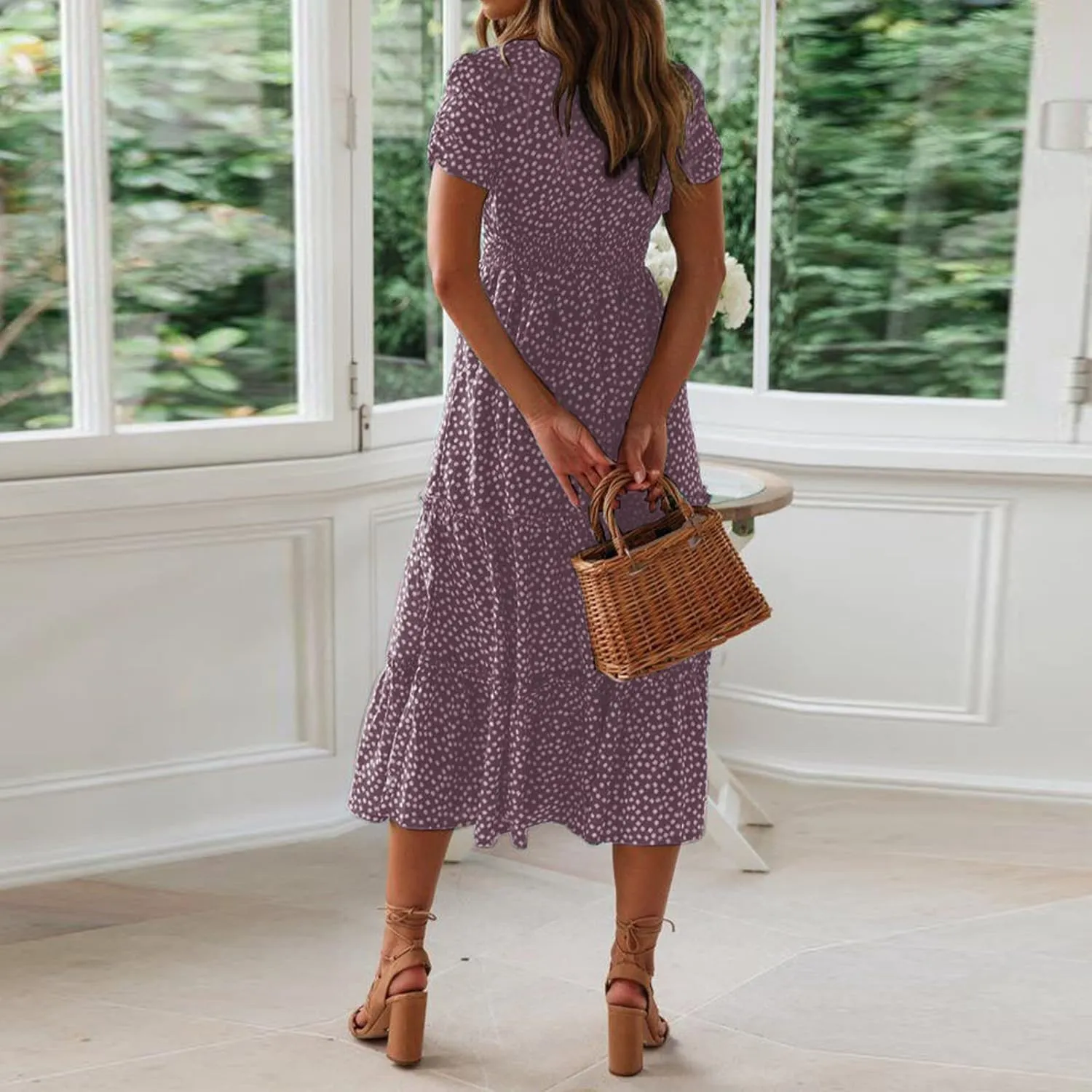 Womens Polka Dot Summer Maxi Dresses Square Neck Boho Tiered Flowy Long Dress Trendy Smocked Ruffle Hem A-Line Dresses