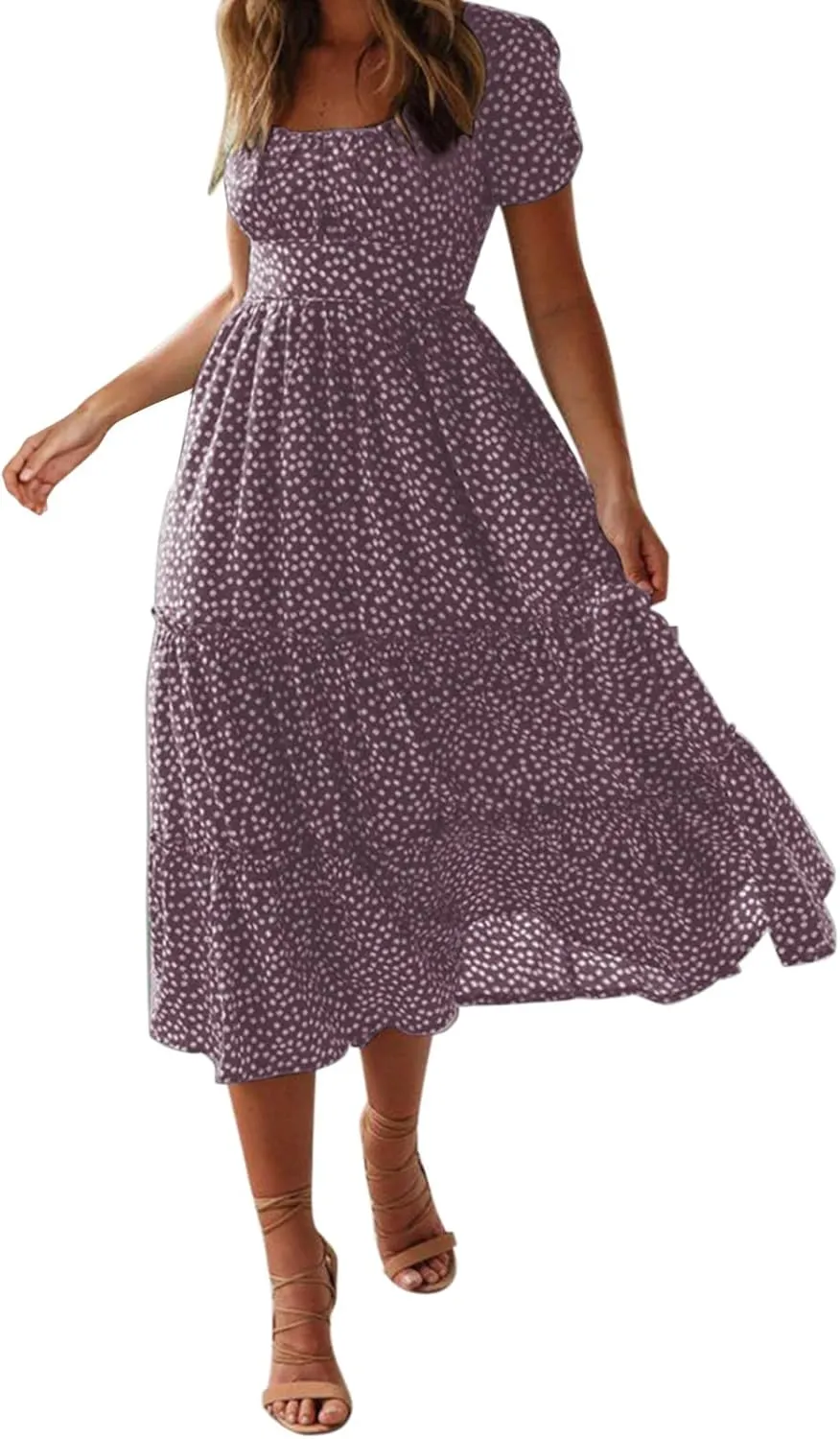 Womens Polka Dot Summer Maxi Dresses Square Neck Boho Tiered Flowy Long Dress Trendy Smocked Ruffle Hem A-Line Dresses