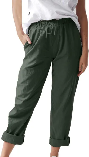Womens Roll Up Straight Leg Linen Pants Casual Drawstring Elastic Waist Loose Slacks Lounge Petite Pants with Pockets