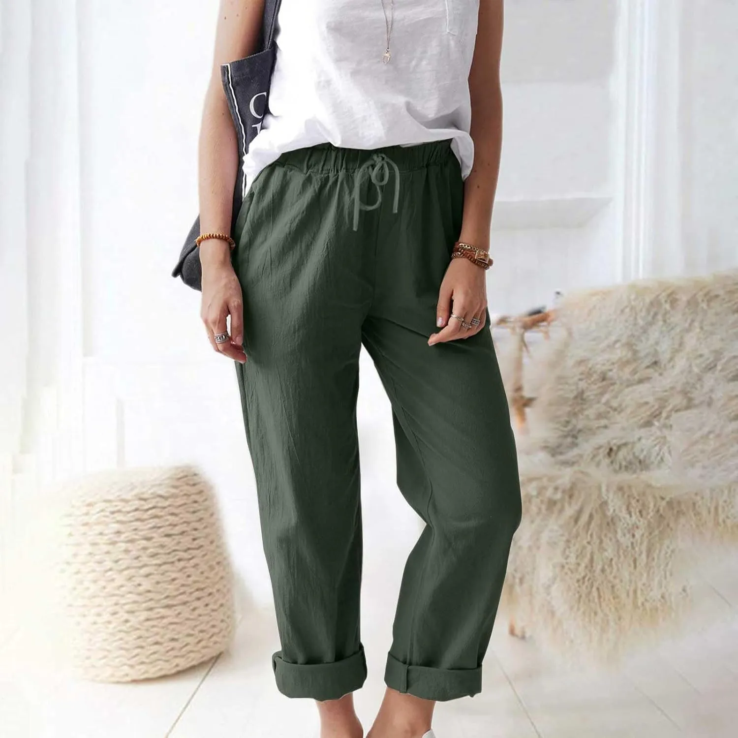 Womens Roll Up Straight Leg Linen Pants Casual Drawstring Elastic Waist Loose Slacks Lounge Petite Pants with Pockets