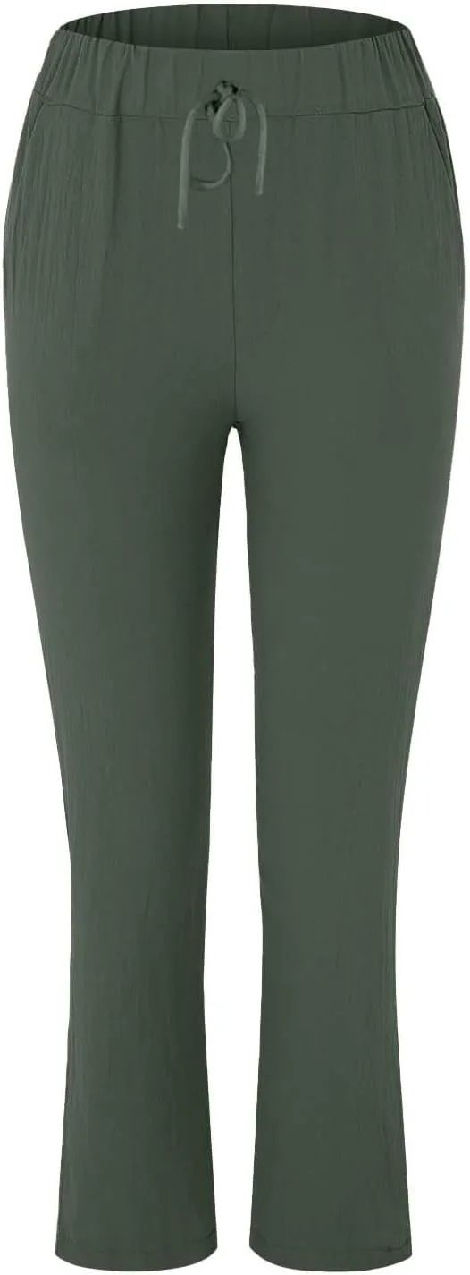 Womens Roll Up Straight Leg Linen Pants Casual Drawstring Elastic Waist Loose Slacks Lounge Petite Pants with Pockets