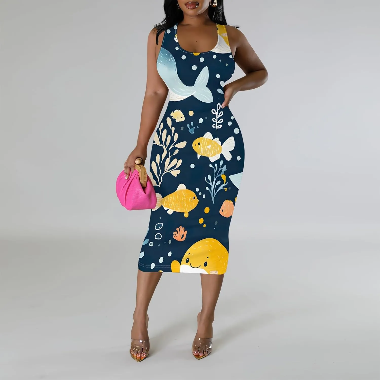 Women's Sexy Bodycon Tank Floral Print Dress Summer Pencil Sleeveless Basic Midi Dresses Party Club Beach Sundresses