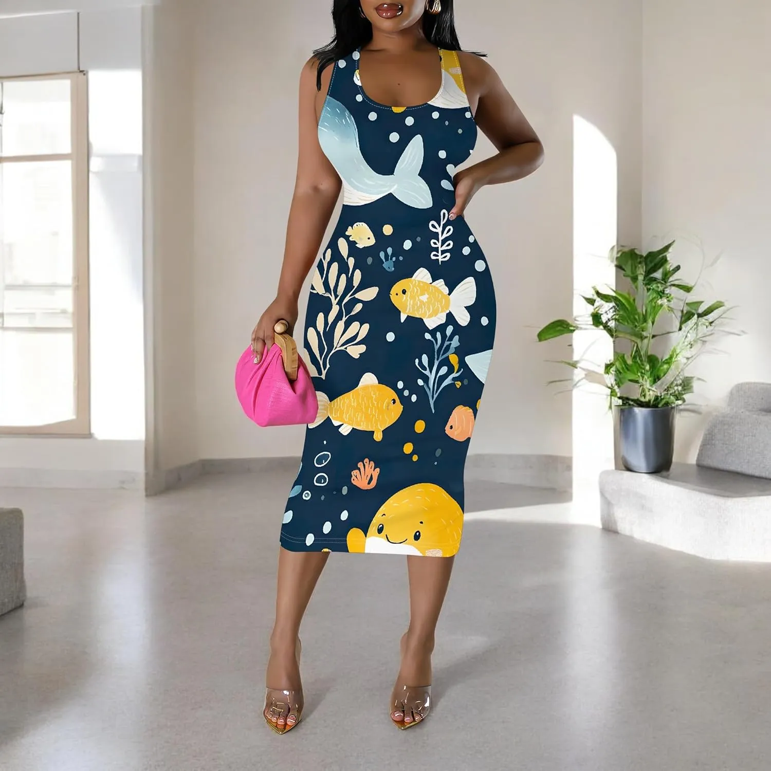Women's Sexy Bodycon Tank Floral Print Dress Summer Pencil Sleeveless Basic Midi Dresses Party Club Beach Sundresses
