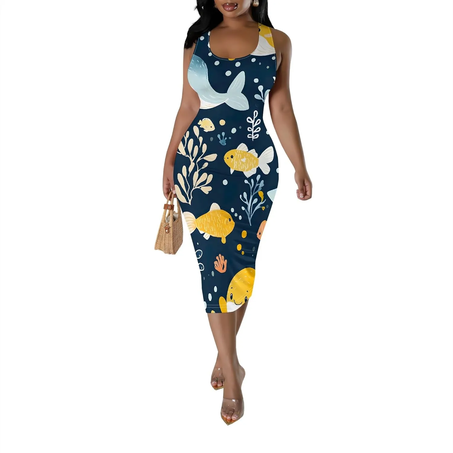 Women's Sexy Bodycon Tank Floral Print Dress Summer Pencil Sleeveless Basic Midi Dresses Party Club Beach Sundresses