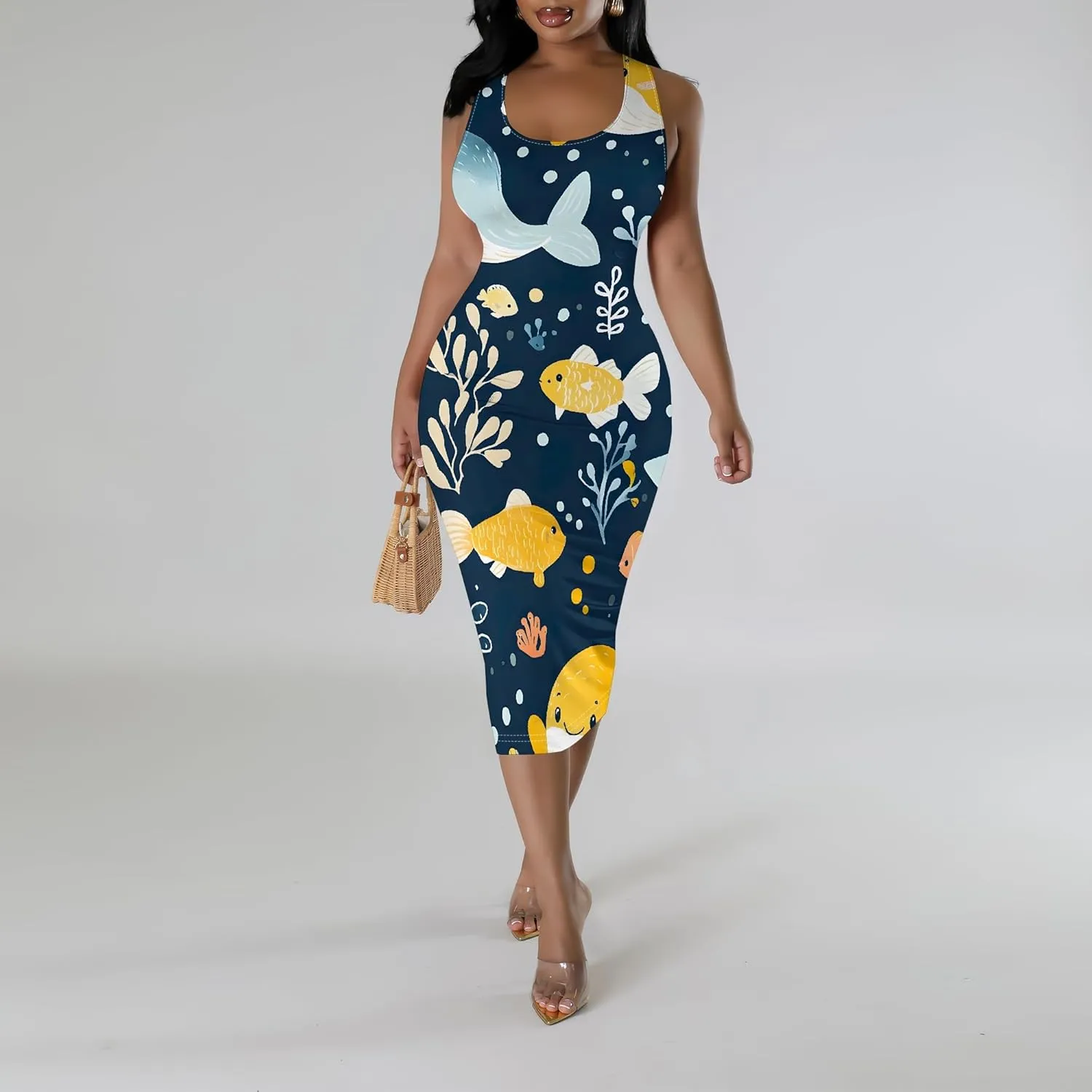 Women's Sexy Bodycon Tank Floral Print Dress Summer Pencil Sleeveless Basic Midi Dresses Party Club Beach Sundresses