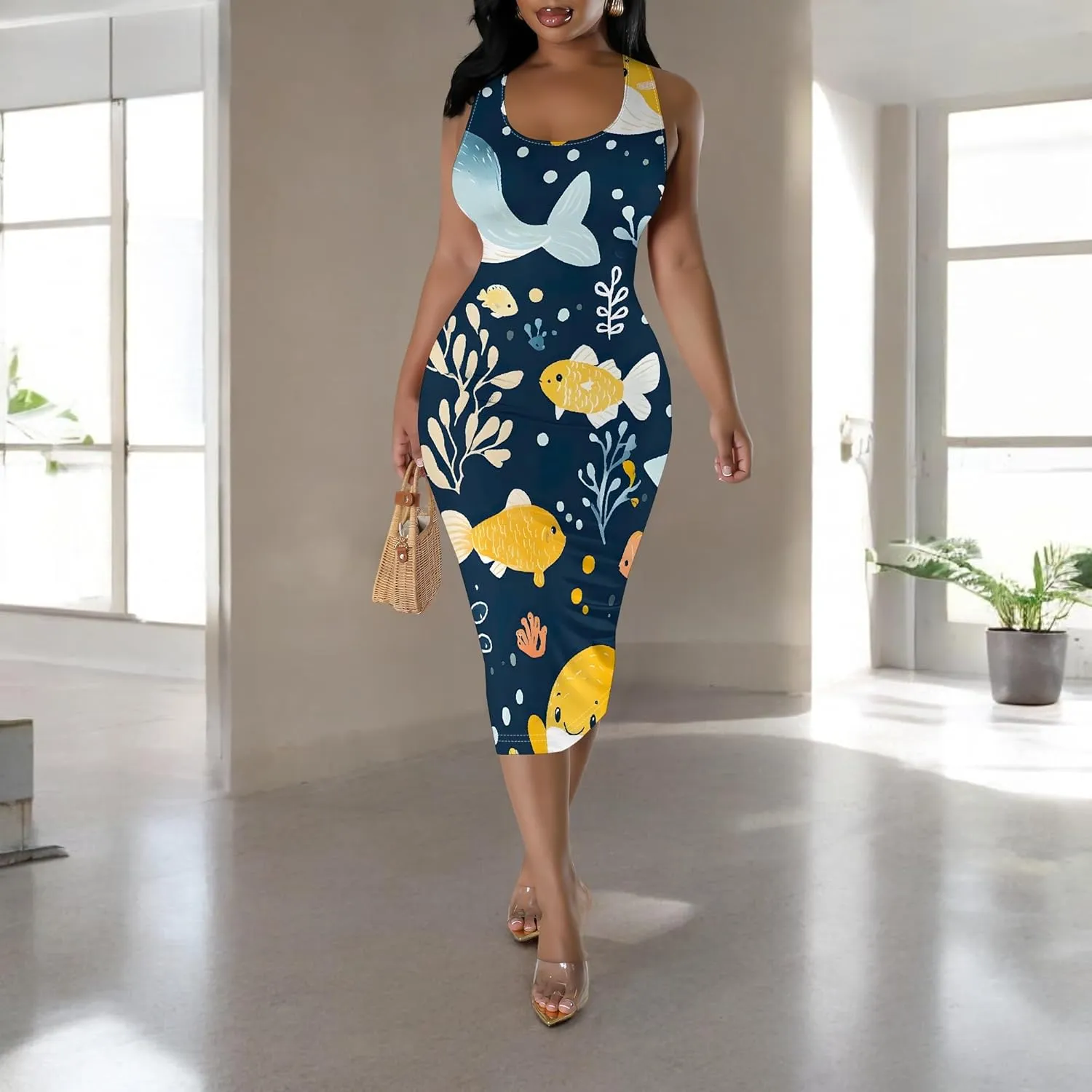 Women's Sexy Bodycon Tank Floral Print Dress Summer Pencil Sleeveless Basic Midi Dresses Party Club Beach Sundresses