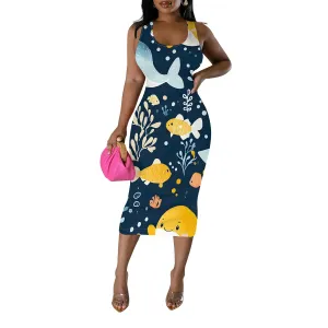 Women's Sexy Bodycon Tank Floral Print Dress Summer Pencil Sleeveless Basic Midi Dresses Party Club Beach Sundresses