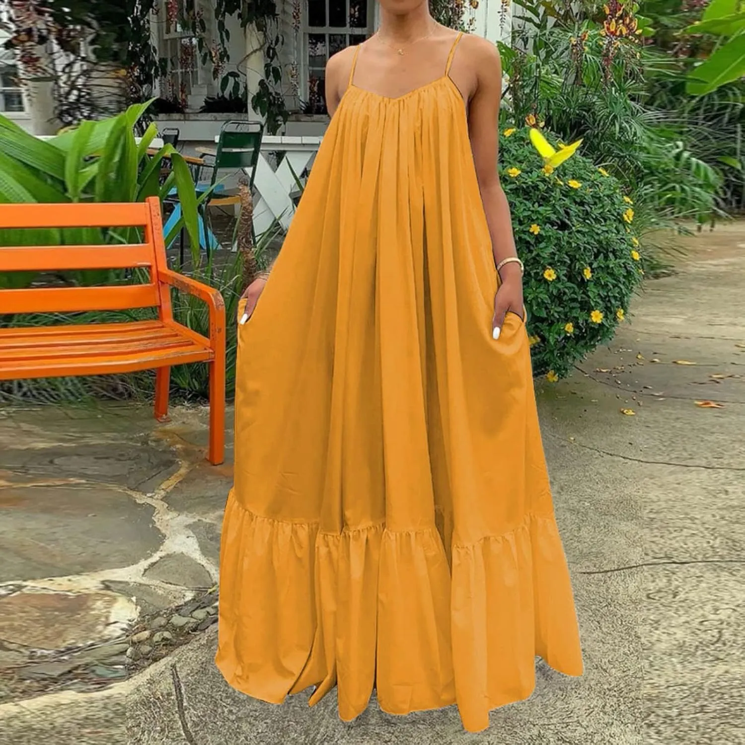 Womens Sexy Sleeveless Spaghetti Strap Dress Ruched Ruffle Hem Beach Sundress Loose Long Boho Maxi Swing Dresses