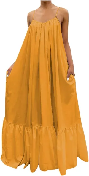 Womens Sexy Sleeveless Spaghetti Strap Dress Ruched Ruffle Hem Beach Sundress Loose Long Boho Maxi Swing Dresses
