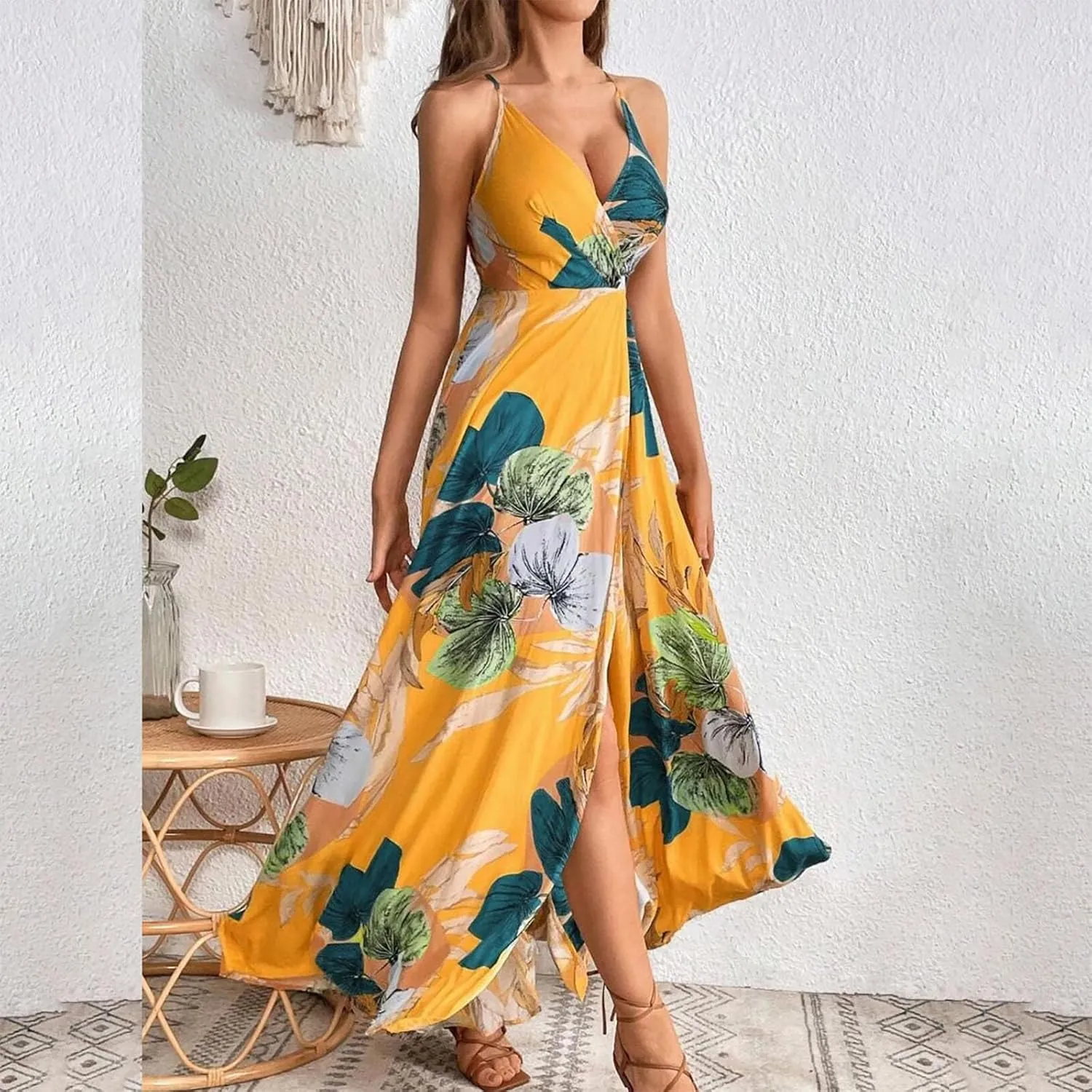 Womens Sexy Spaghetti Straps Maxi Dresses Beach Boho Dress Flowy Vocation Outfits 2025