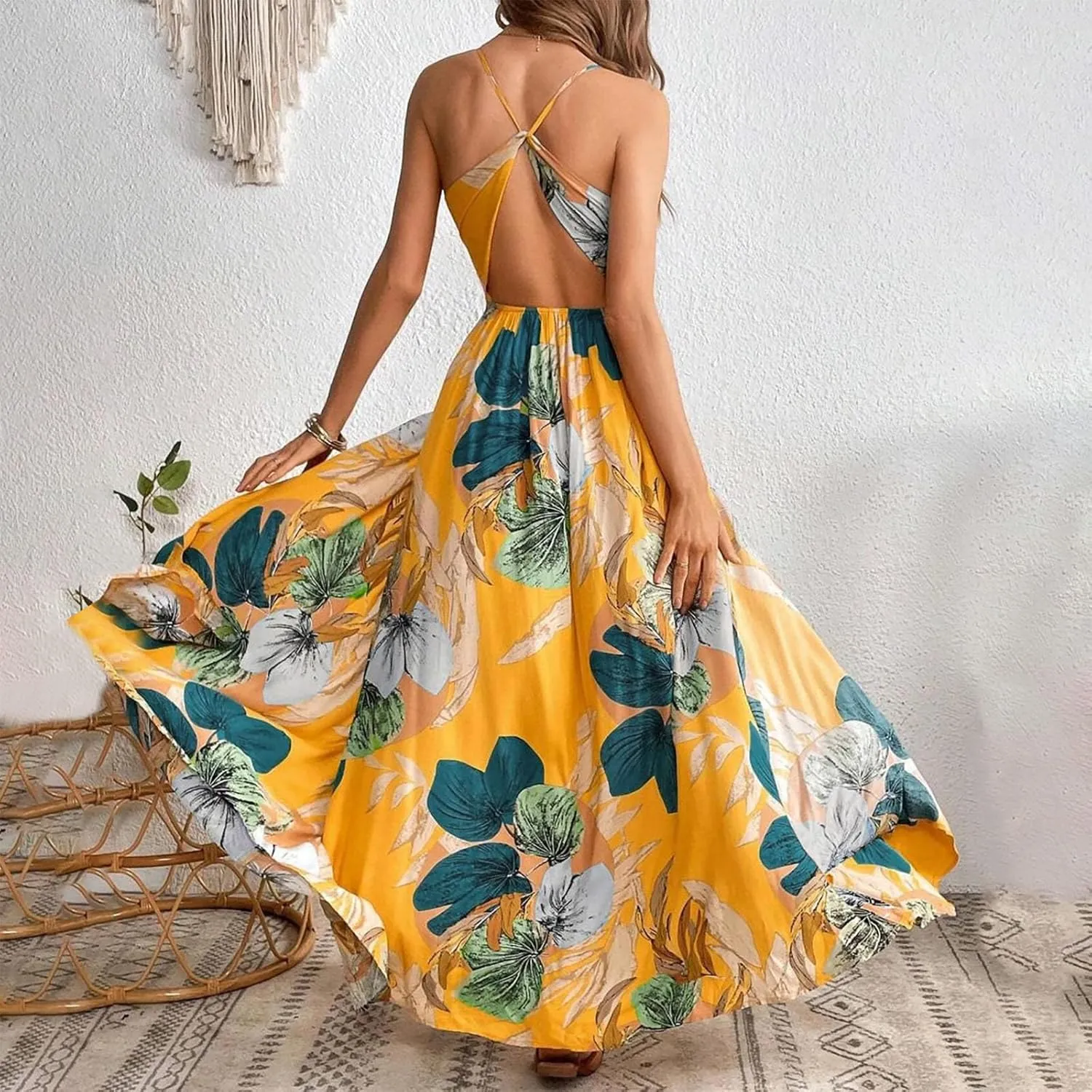 Womens Sexy Spaghetti Straps Maxi Dresses Beach Boho Dress Flowy Vocation Outfits 2025