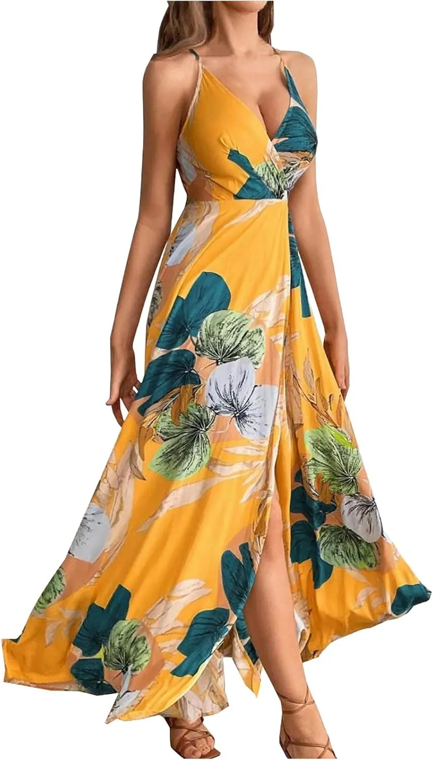 Womens Sexy Spaghetti Straps Maxi Dresses Beach Boho Dress Flowy Vocation Outfits 2025